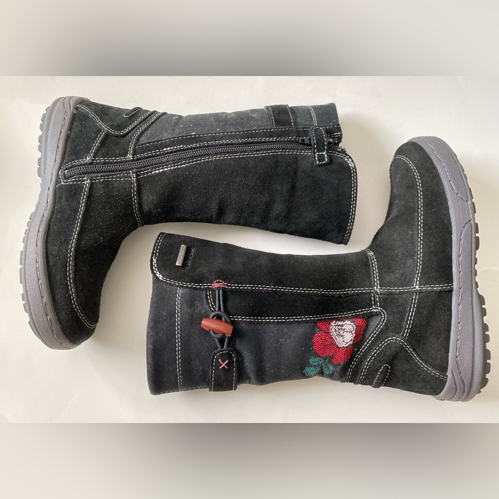 Geox Girls Black Zippered Boots Amphibiox Embroidered Floral Size 30 EU School